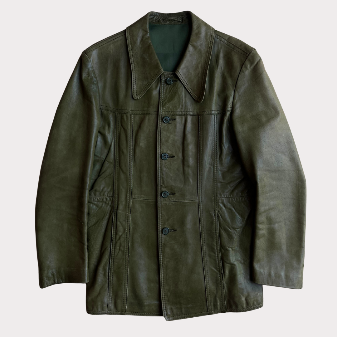 1970's Olive Green Dagger Collar Leather Jacket