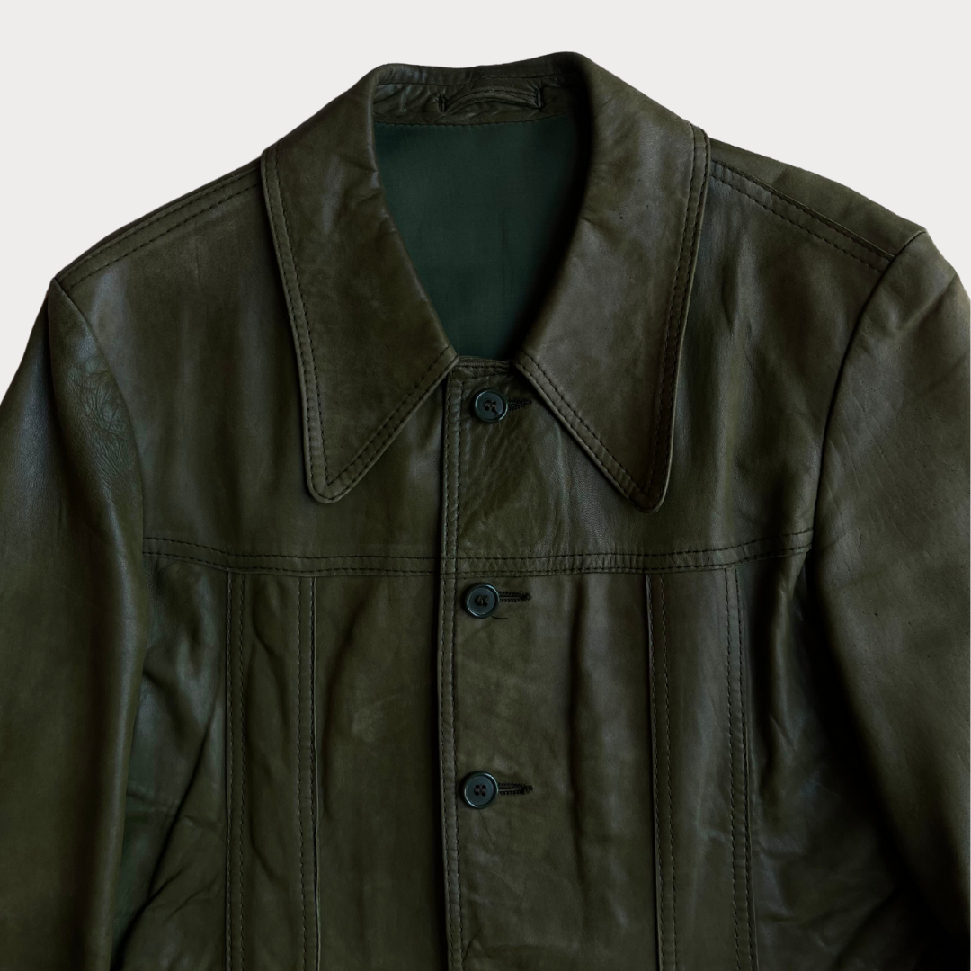 1970's Olive Green Dagger Collar Leather Jacket